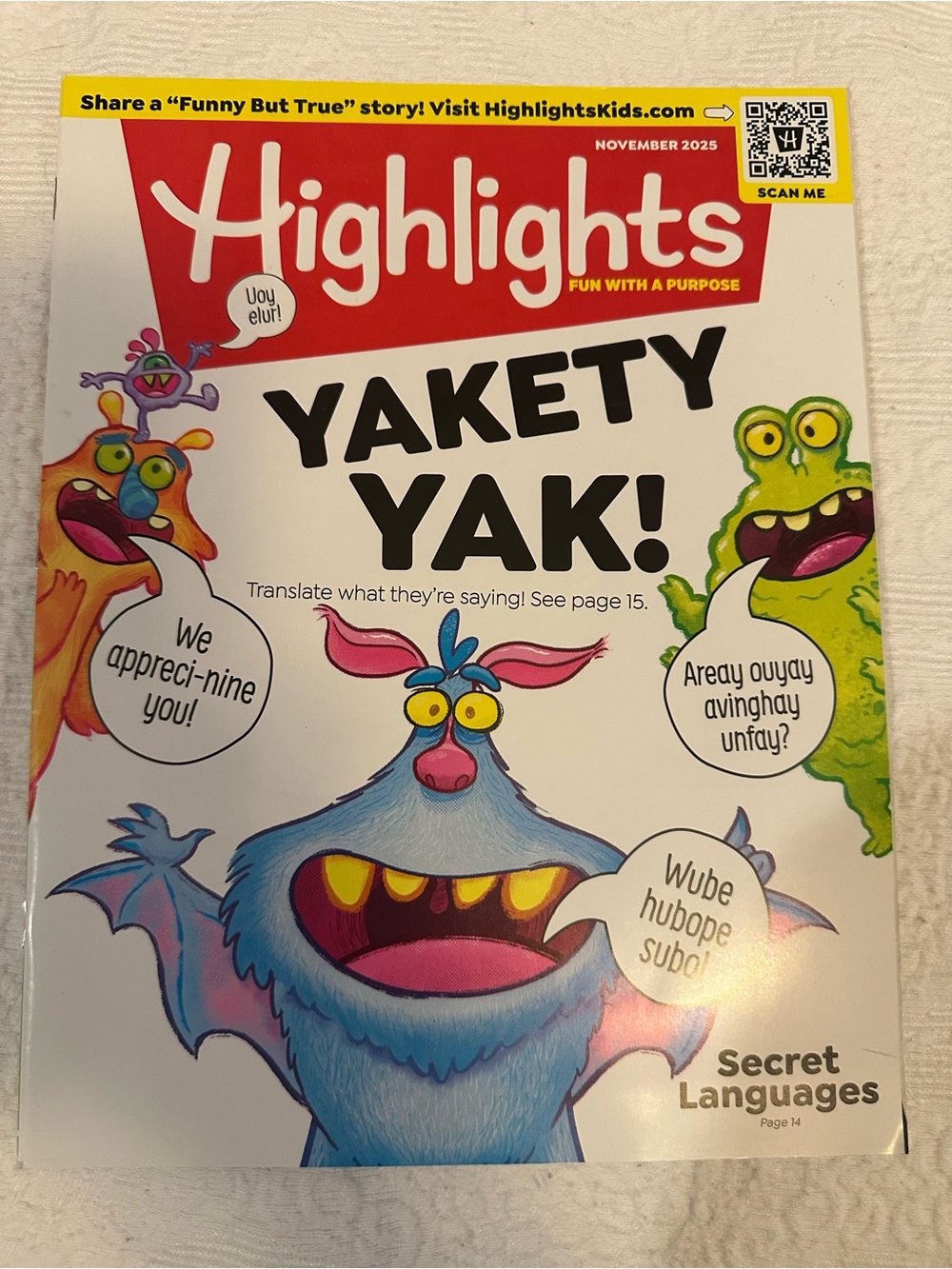 Highlights ChildrenMagazine "Yakety Yak!" November 2025 - Colorful Monster Cover